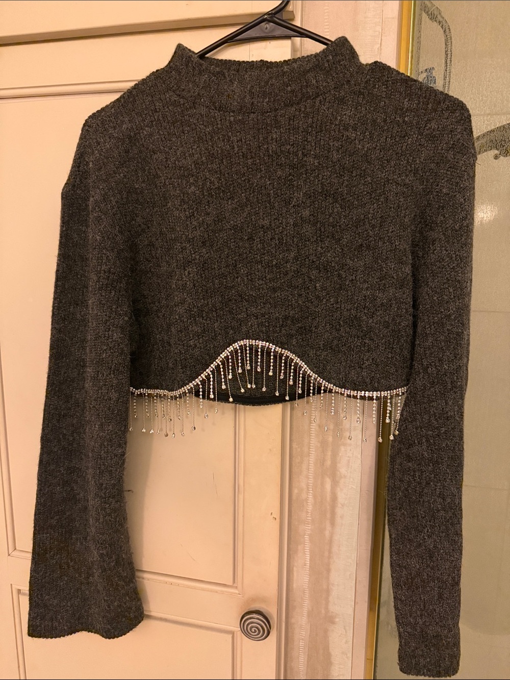 Zara Cropped Gray Sweater with rhinestone Fringe
